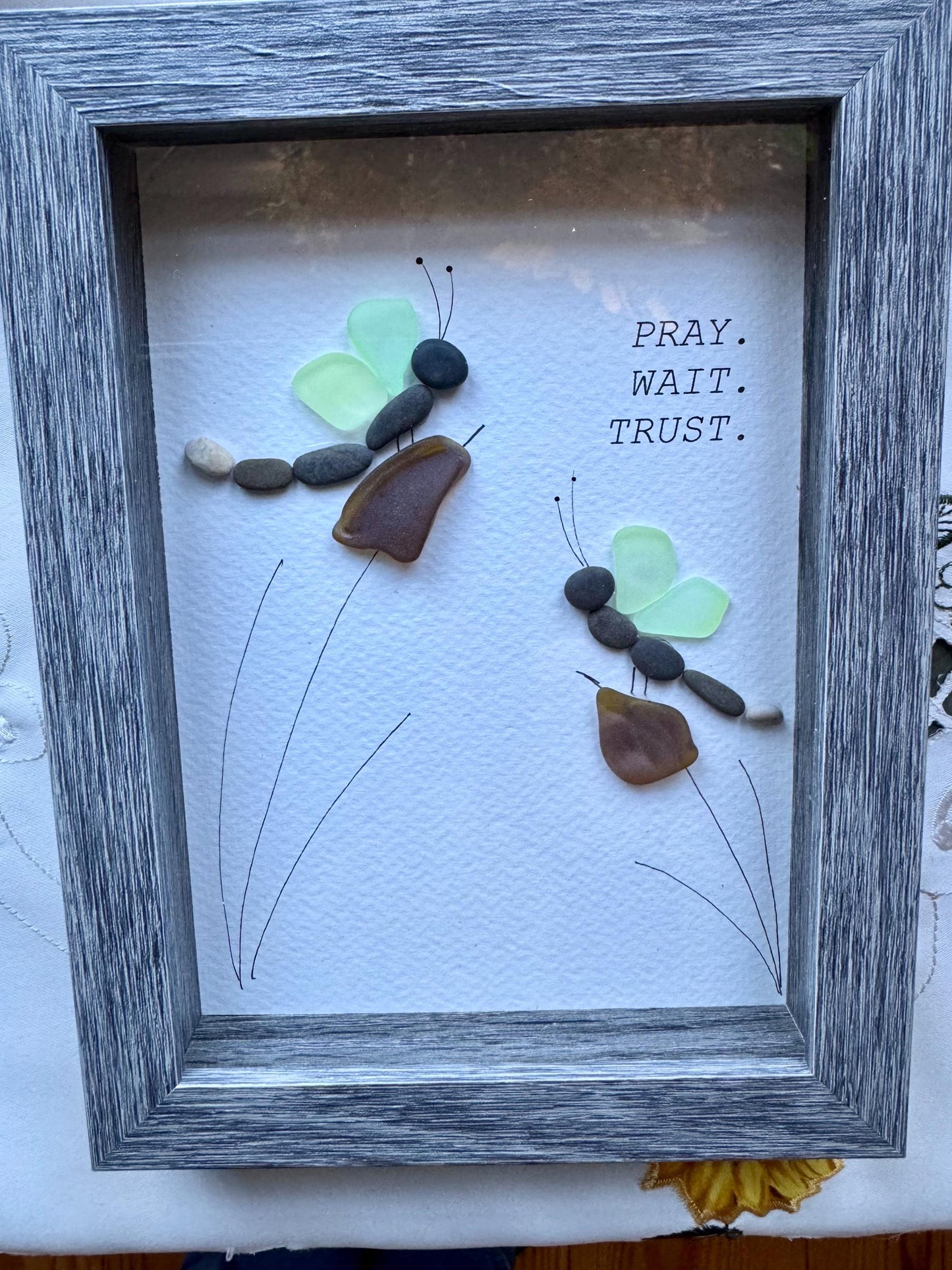 Sea Glass Pebble Art, Pebble Art Dragon Fly, Gift for Her, Friendship Gift, Seaglass Picture, Dragon Fly and Flower