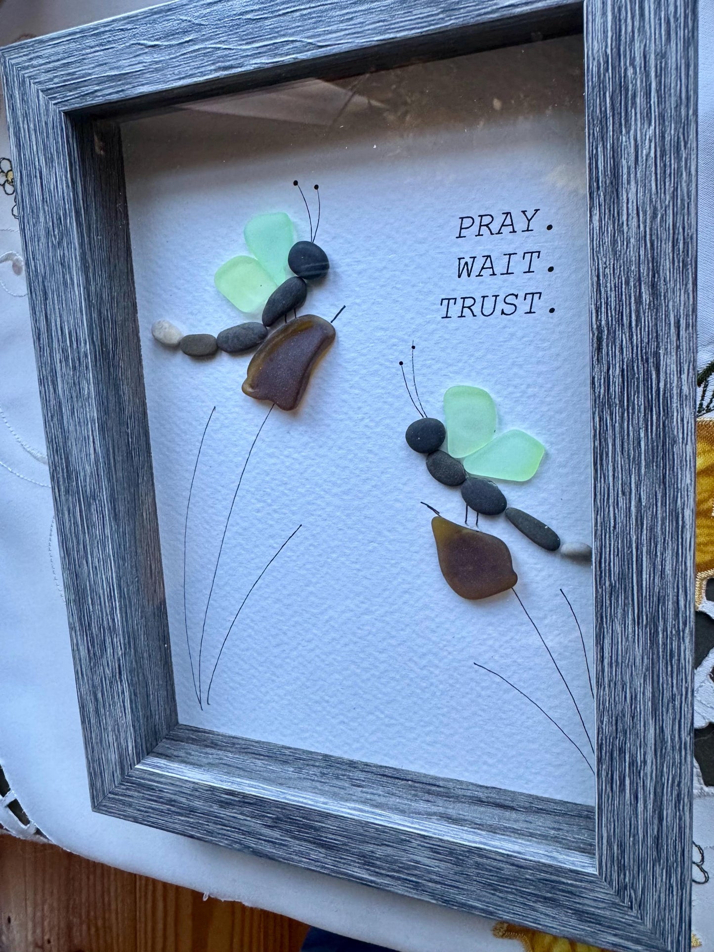 Sea Glass Pebble Art, Pebble Art Dragon Fly, Gift for Her, Friendship Gift, Seaglass Picture, Dragon Fly and Flower