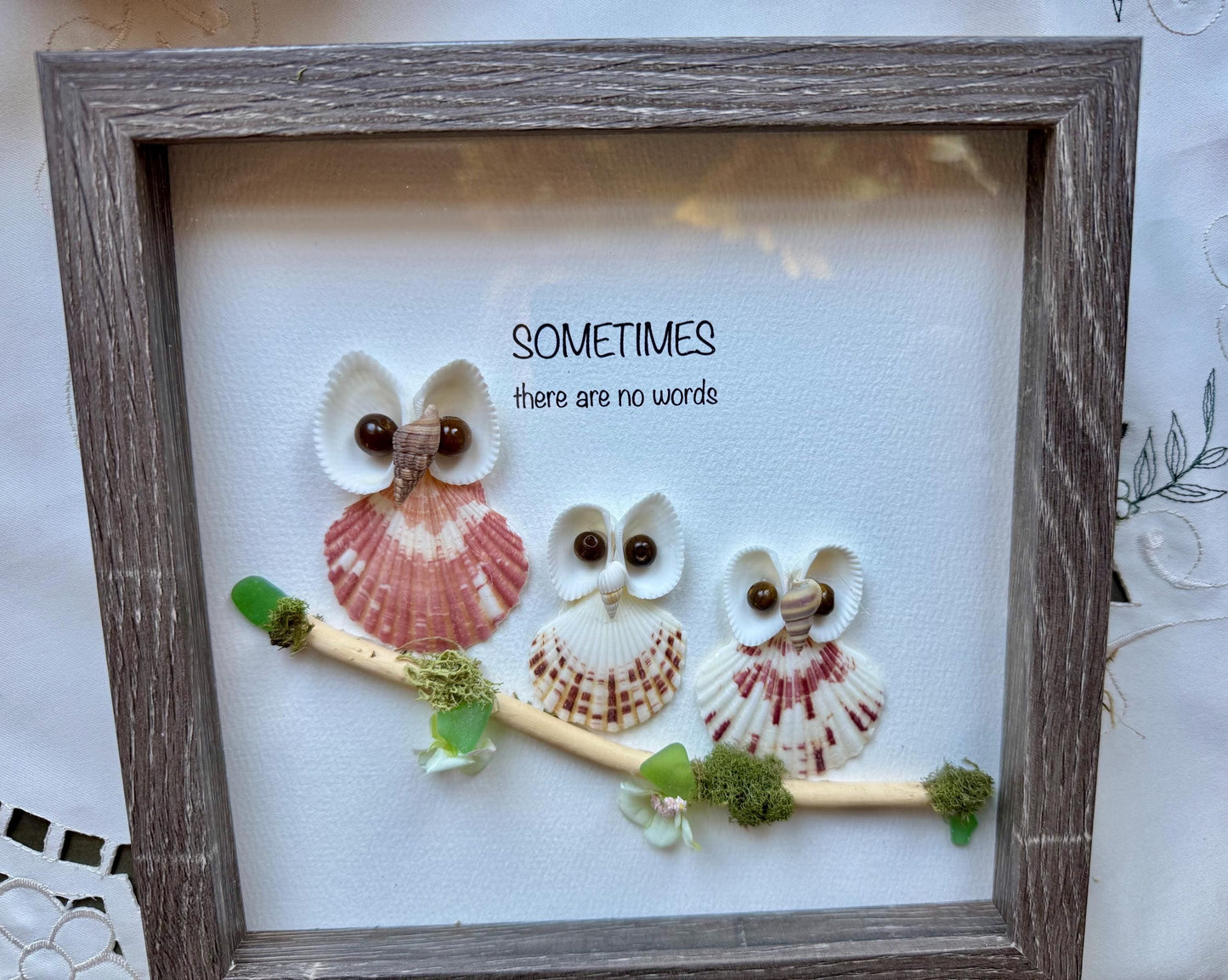 Sea Glass Pebble Art, Seashell Owls,  Friendship Gift, Seaglass Picture, No Words, Owl