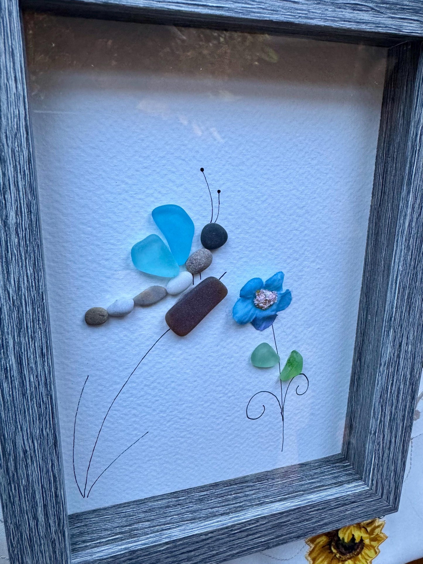 Sea Glass Pebble Art, Pebble Art Dragon Fly, Gift for Her, Friendship Gift, Seaglass Picture, Dragon Fly and Flower