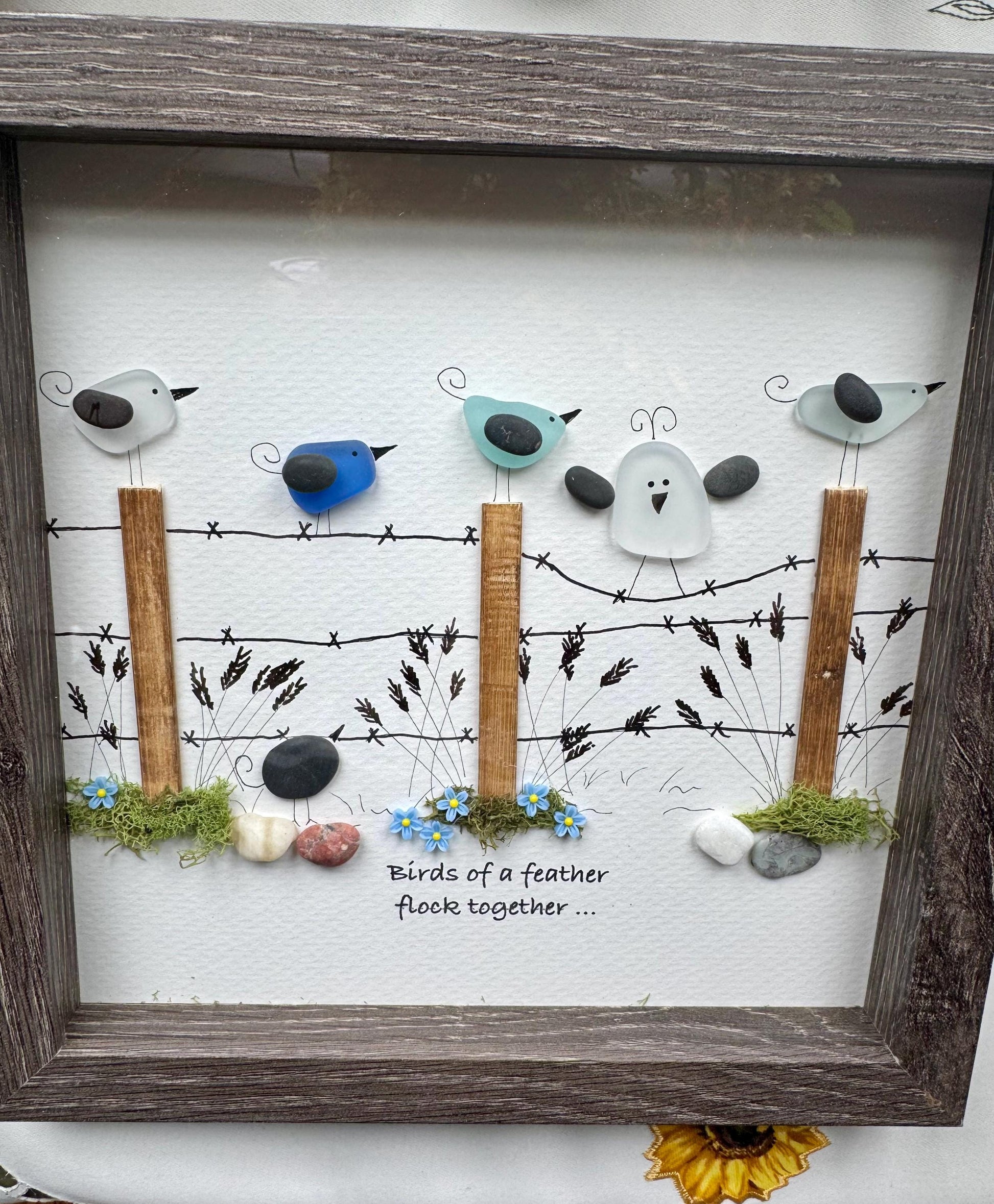 Sea Glass Bird Art: New England Pebble Family Gift