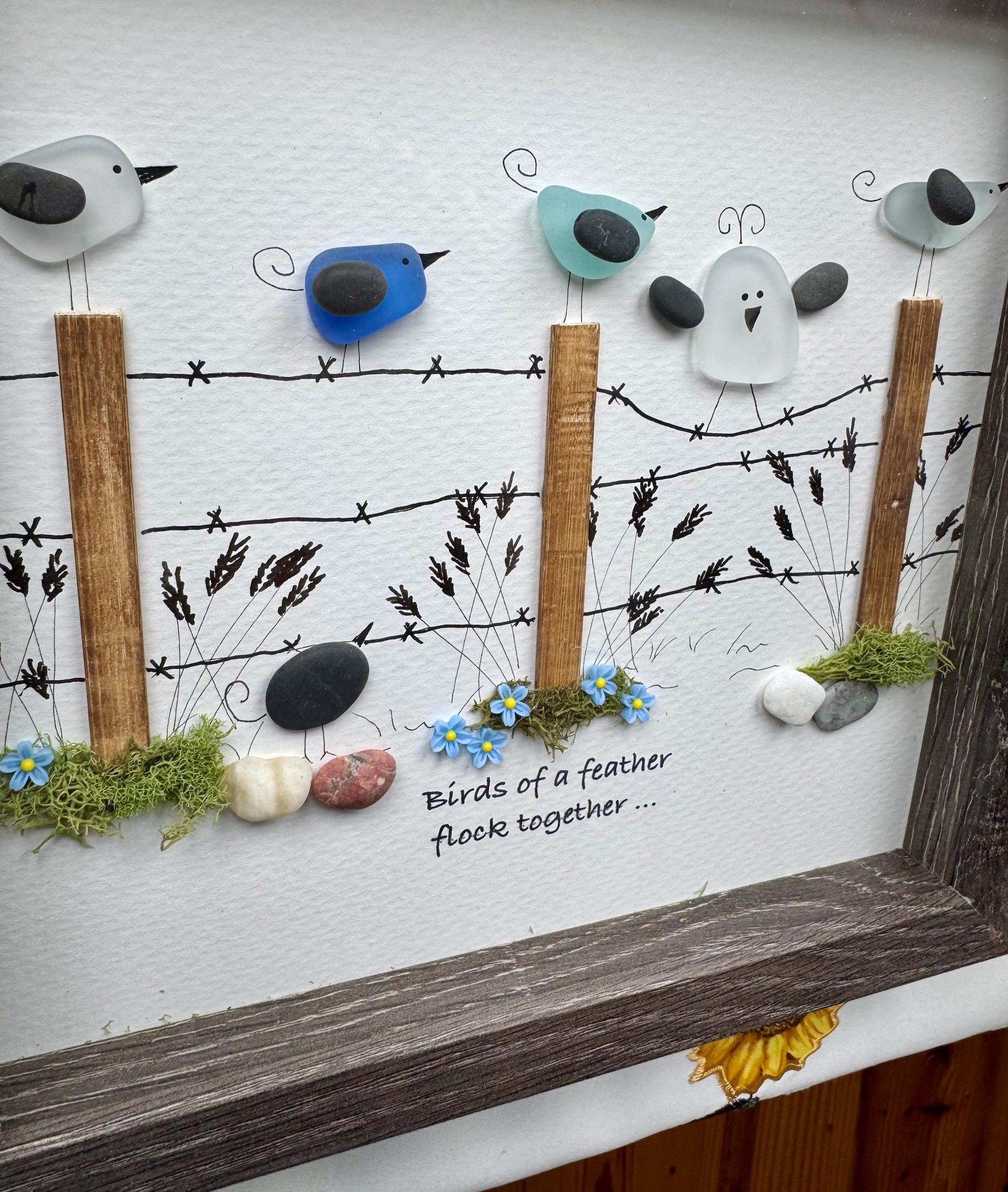 Sea Glass Bird Art: New England Pebble Family Gift