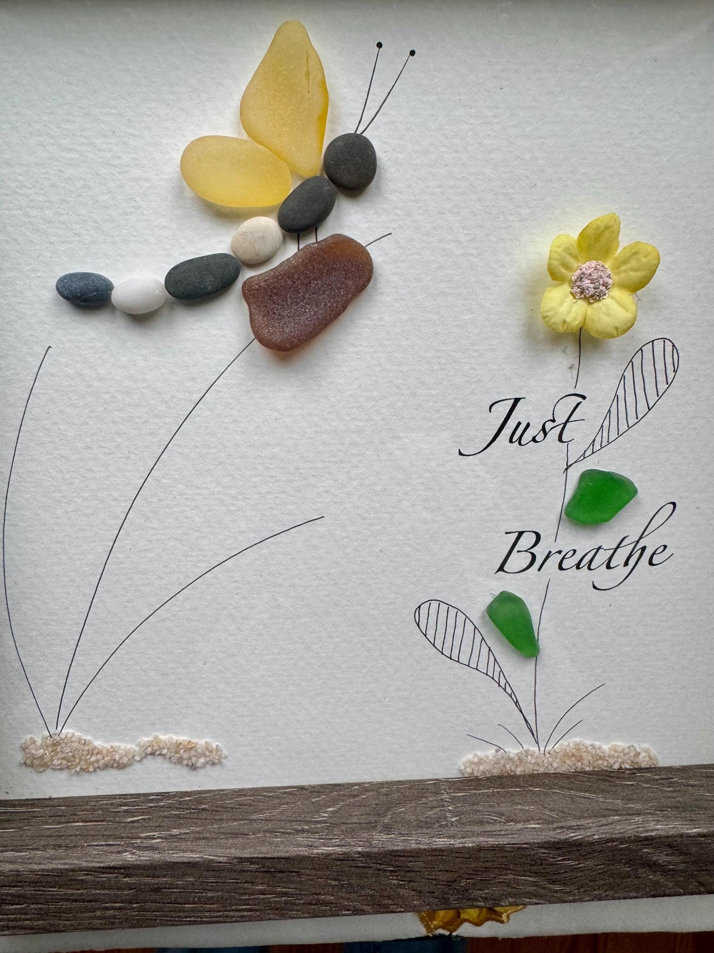 Sea Glass Dragonfly & Flower Pebble Art: Framed Coastal Decor