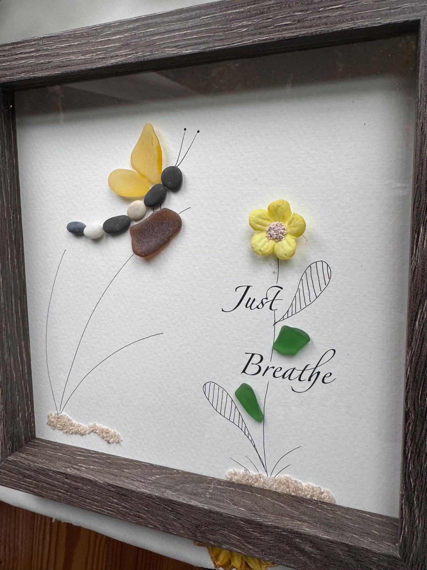Sea Glass Dragonfly & Flower Pebble Art: Framed Coastal Decor