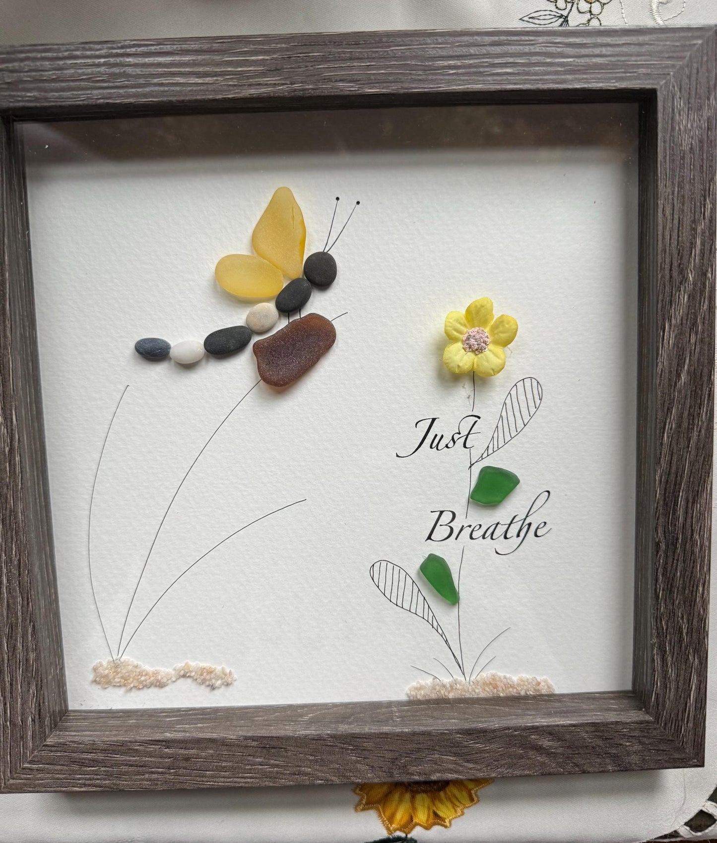 Sea Glass Dragonfly & Flower Pebble Art: Framed Coastal Decor