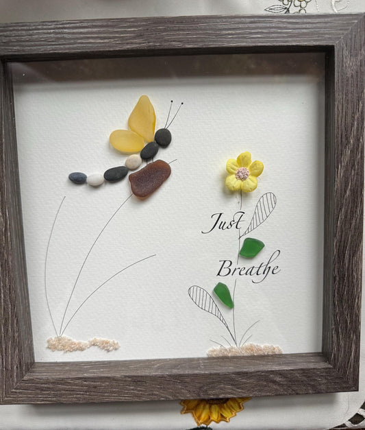 Sea Glass Dragonfly & Flower Pebble Art: Framed Coastal Decor