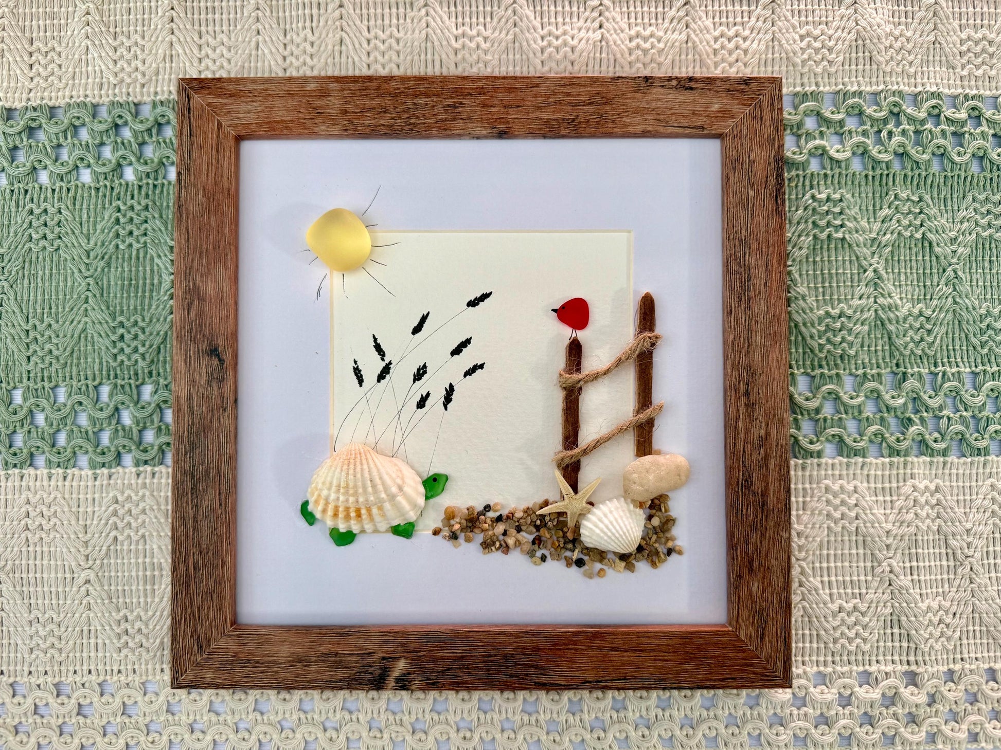 Sea Glass Pebble Art: Turtle and Cardinal Friendship Gift