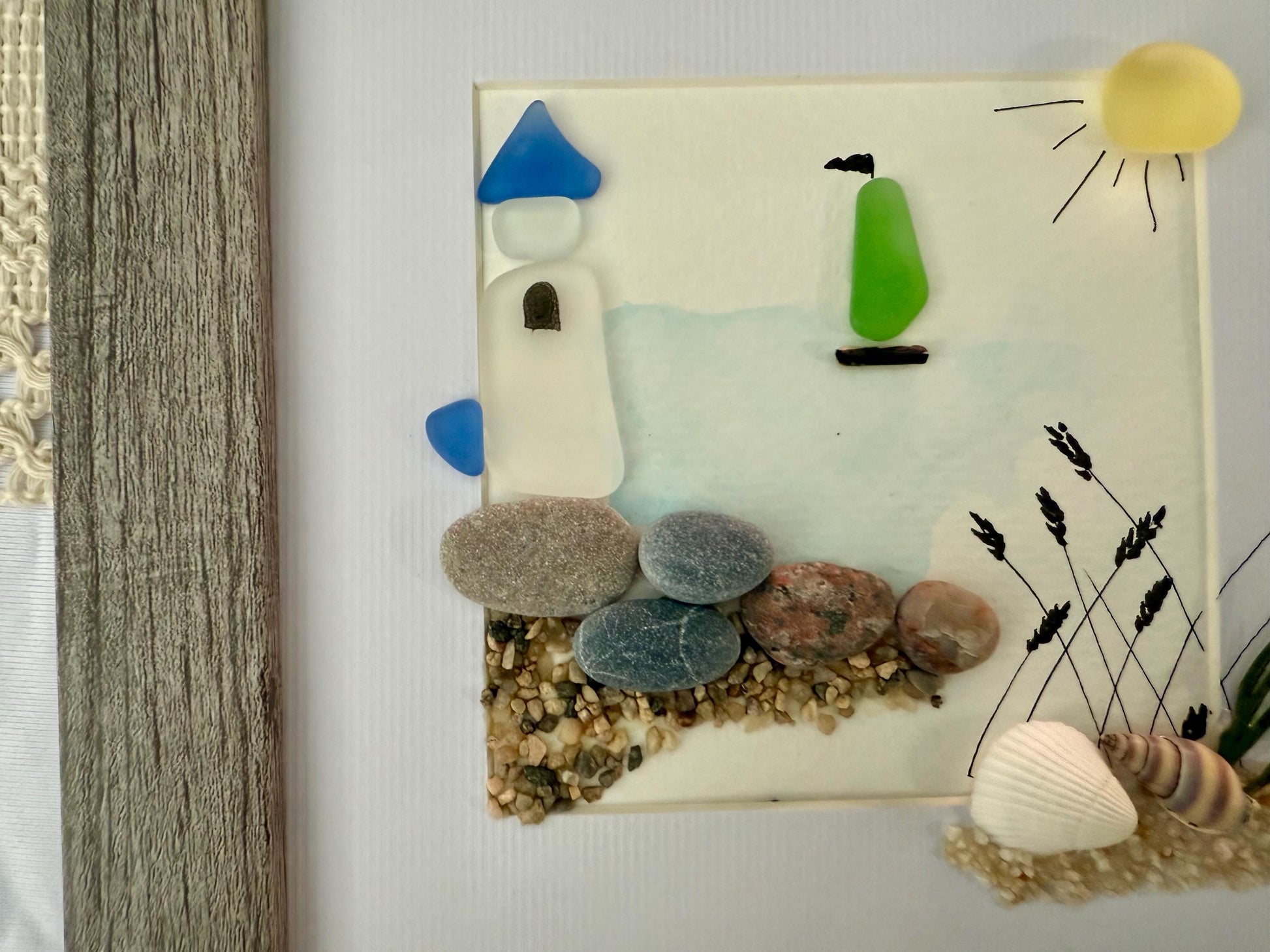 Sea Glass Pebble Art: Coastal Lighthouse & Sailboat Artwork