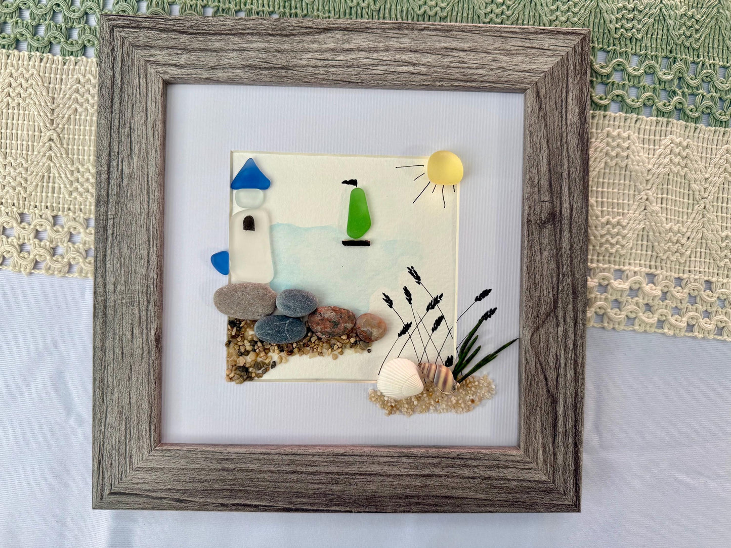 Sea Glass Pebble Art: Coastal Lighthouse & Sailboat Artwork