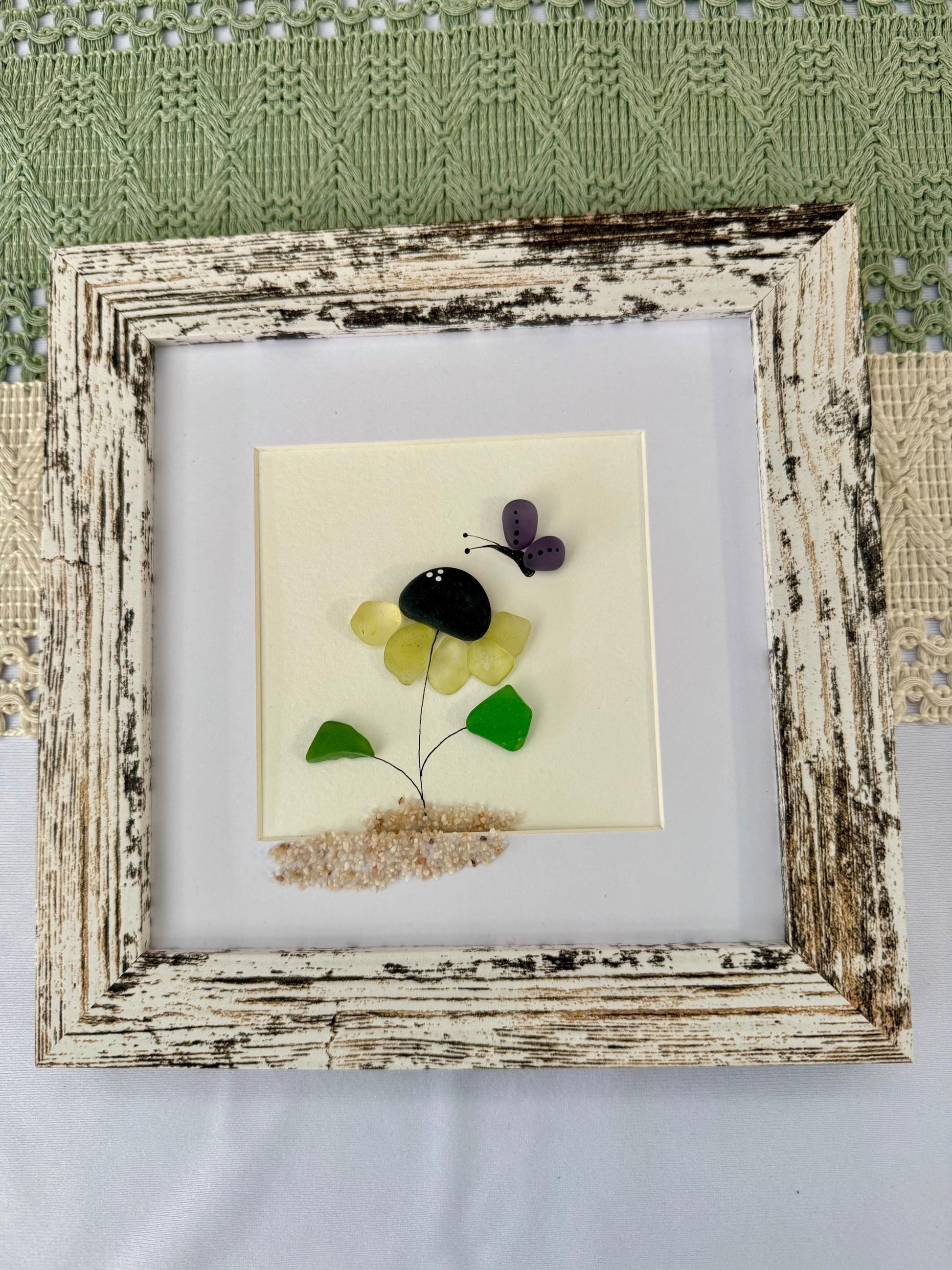 Sea Glass Pebble Art: Yellow Flower and Butterfly Friendship Gift