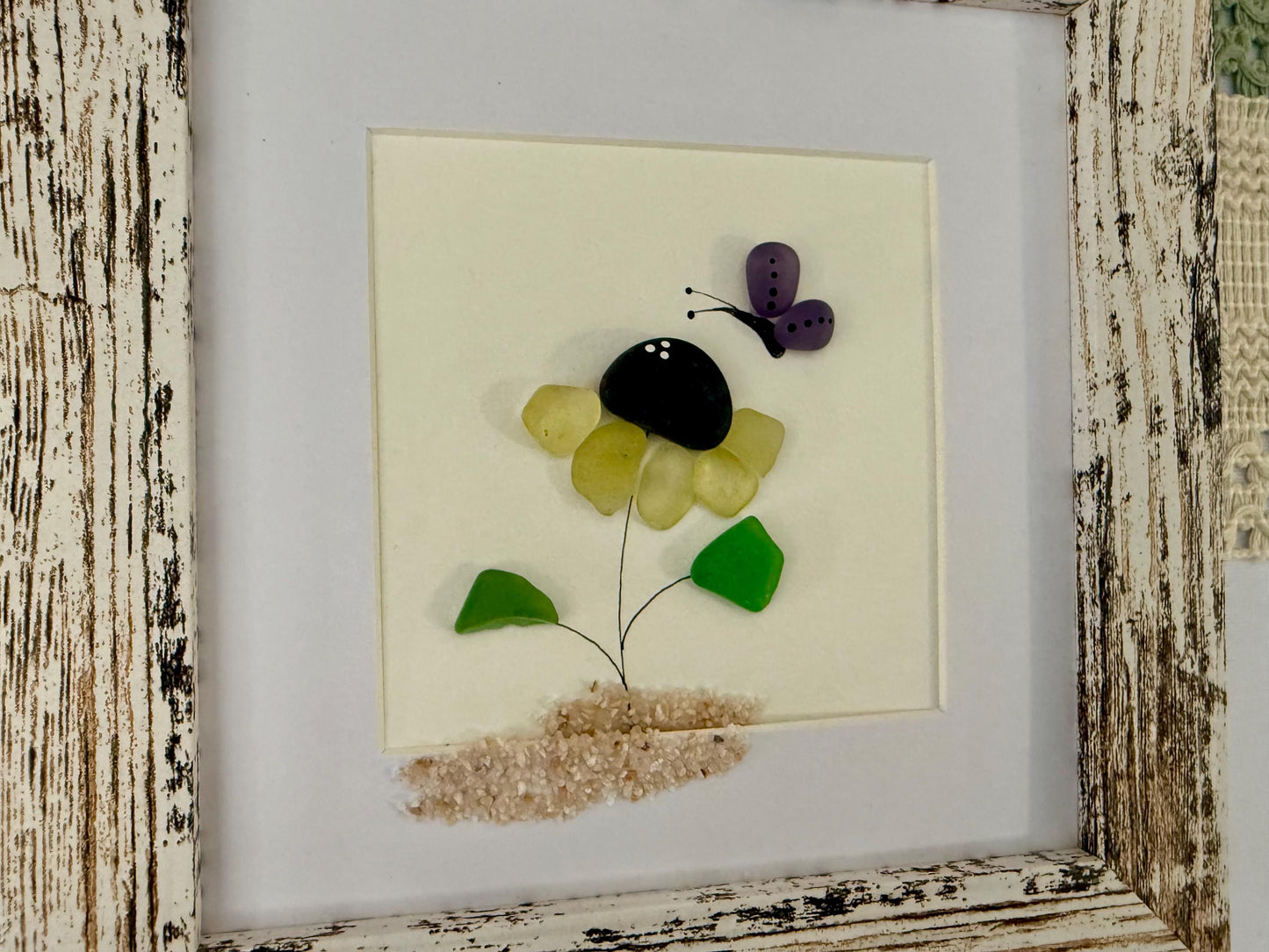 Sea Glass Pebble Art: Yellow Flower and Butterfly Friendship Gift