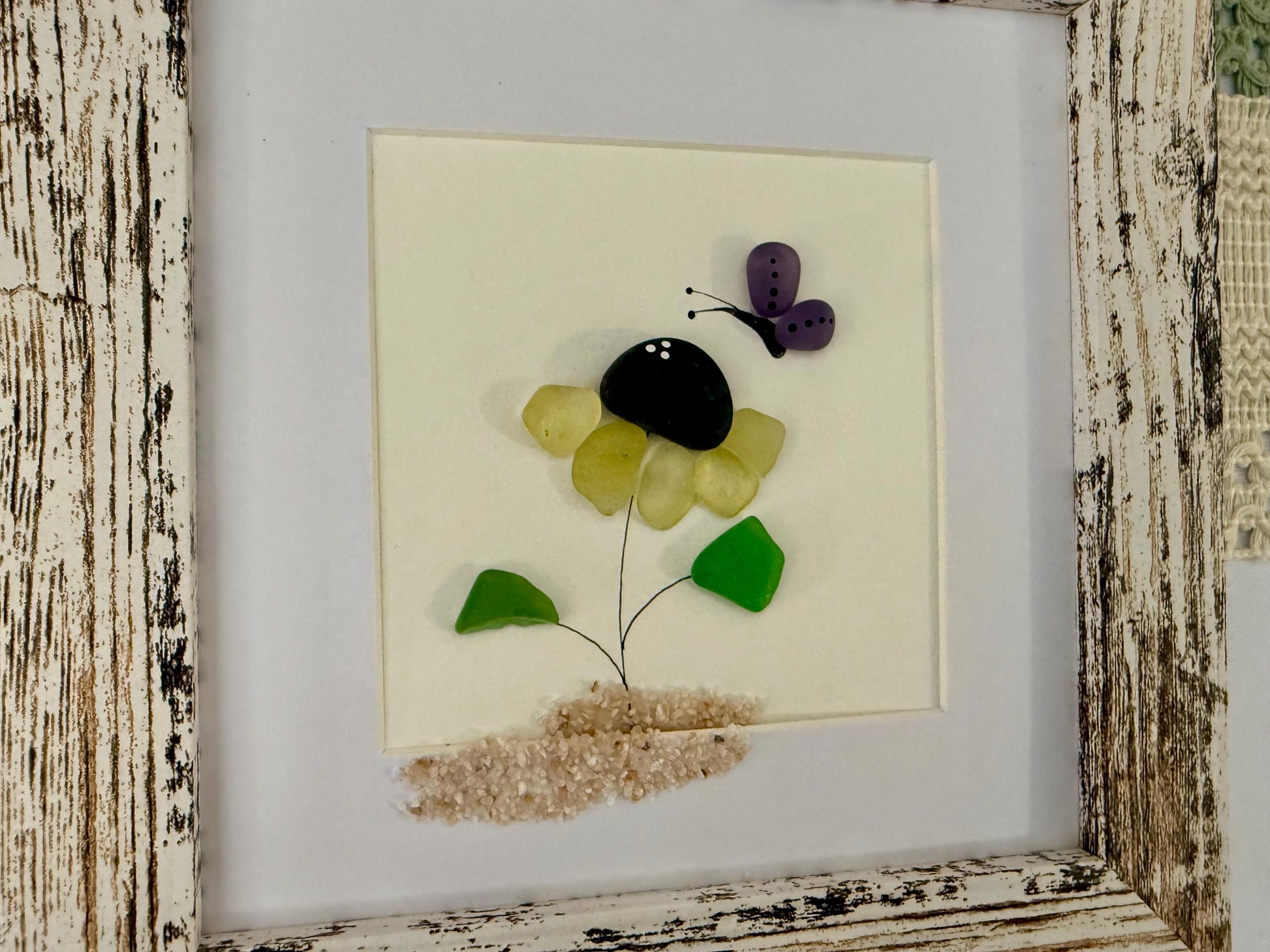 Sea Glass Pebble Art: Yellow Flower and Butterfly Friendship Gift