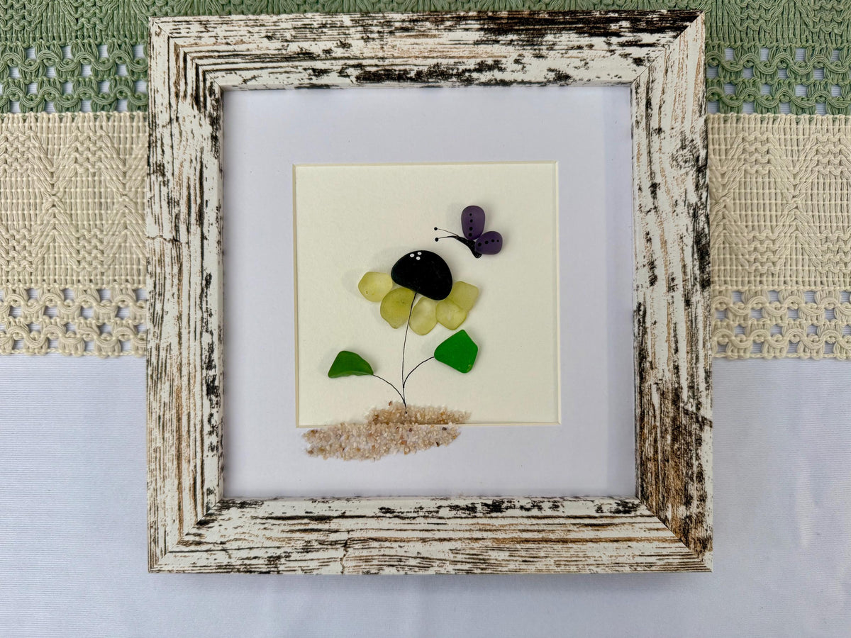 Sea Glass Pebble Art: Yellow Flower and Butterfly Friendship Gift