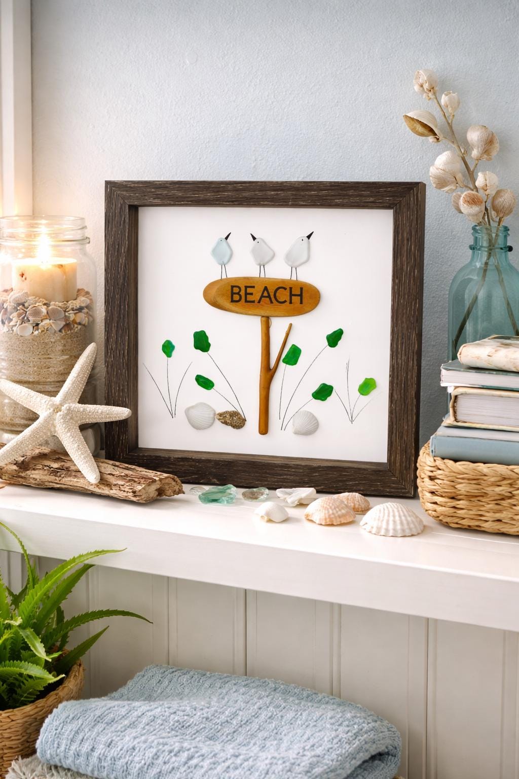 Sea Glass Pebble Art: Framed Beach Scene with Birds