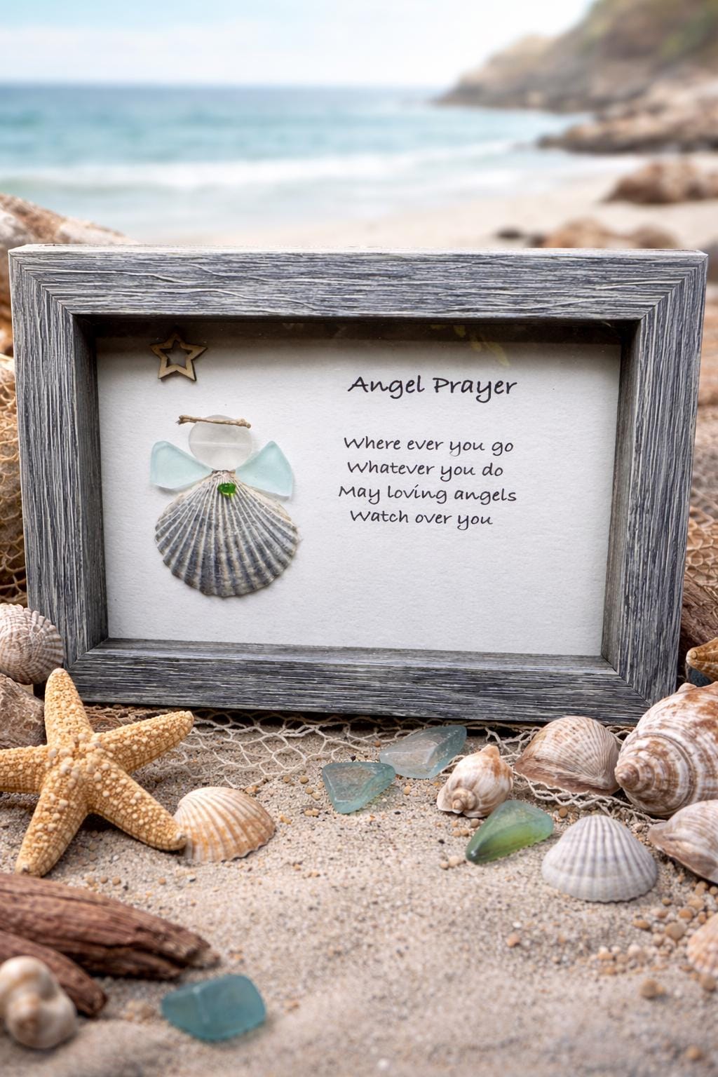 Sea Glass Angel Pebble Art: Framed Religious Gift