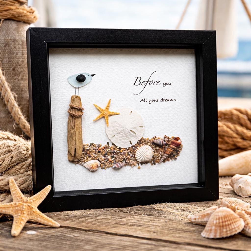 Beach House Decor Wall Art, Coastal Beach Scene Art, Sea Glass Pebble Art, Ocean Inspired Decor, Gift for Beach Lover, Coastal Decor