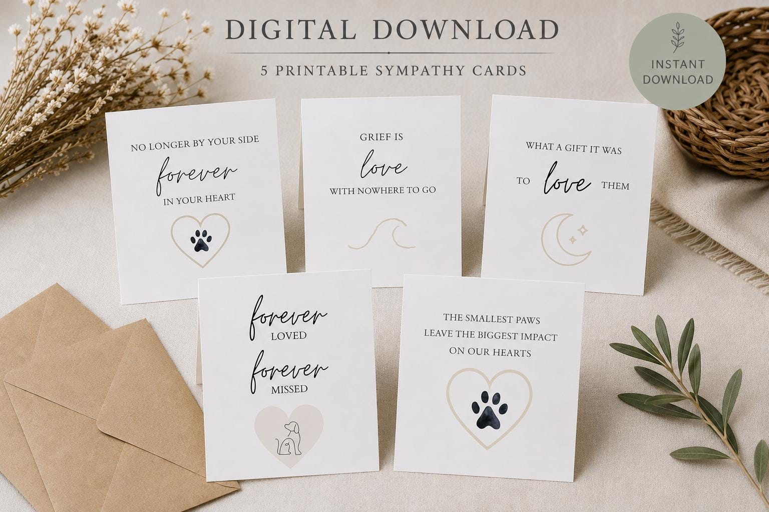 Pet Loss Sympathy Card Bundle Printable, Printable Pet Memorial Cards, Dog Loss Card Download, Instant Download Sympathy Cards
