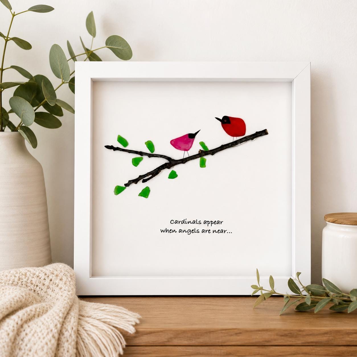 Sea Glass Pebble Art, Pebble Art Nature, Sympathy Gift , Seaglass Picture, Cardinals, Bereavement, Angels Are Near