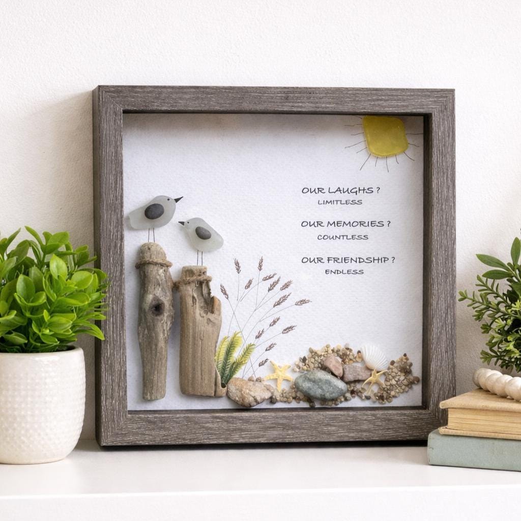 Sea Glass Beach Scene • Coastal Wall Art • Friendship Gift for Beach Lovers • Driftwood & Pebble Art • Ocean Themed Home Decor